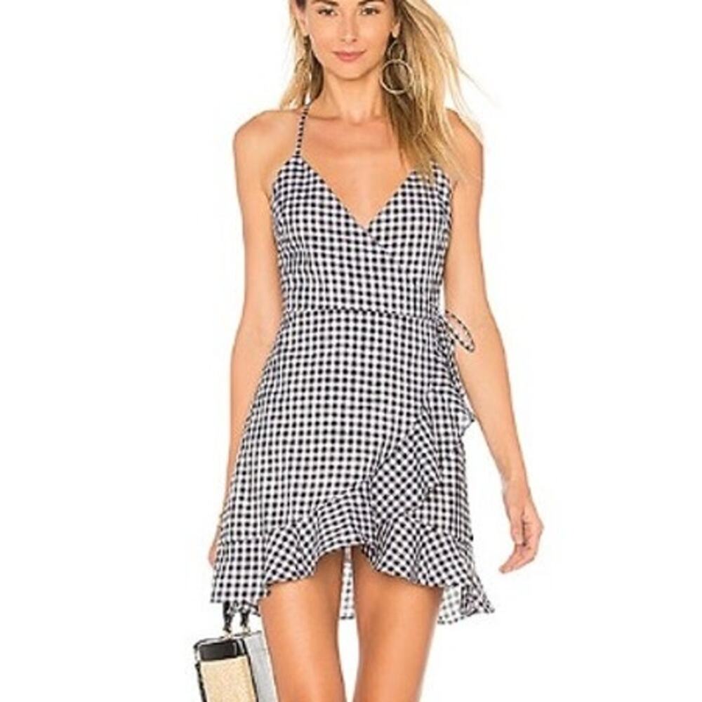 LOVERS + FRIENDS Black Gingham Gigi Wrap Mini Dress Small 2-4 Sundress Ruffle
